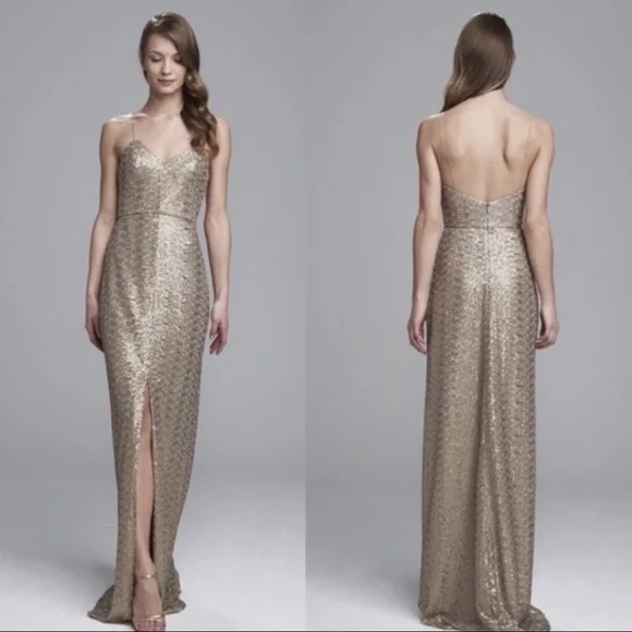Amsale | Dresses | Amsale Gold Sequin Bridesmaid Dress Maxi Length Latte  Front Slit Bachelor | Poshmark